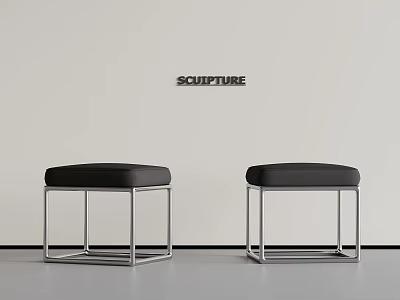White Wall With Sculpture Sign And Two Black Leather Metal Frame Stools On Gray Floor 3d model