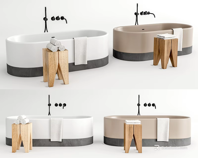 Modern Freestanding Bathtub With Wooden Stools White Beige Finishes Towels And Faucets 3d model 