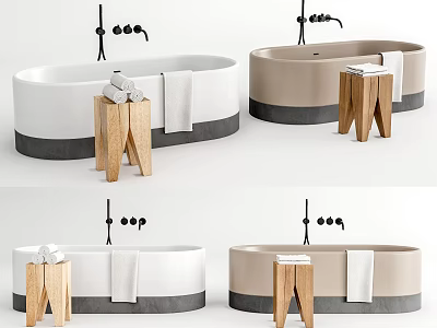 Modern Freestanding Bathtub With Wooden Stools White Beige Finishes Towels And Faucets 3d model