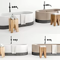 Modern Freestanding Bathtub With Wooden Stools White Beige Finishes Towels And Faucets