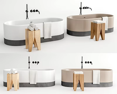 Modern Freestanding Bathtub With Wooden Stools White Beige Finishes Towels And Faucets 3d model