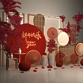 Festive Chinese New Year Decorative Scene With Red Maple Branches Round Lanterns And Traditional Screens