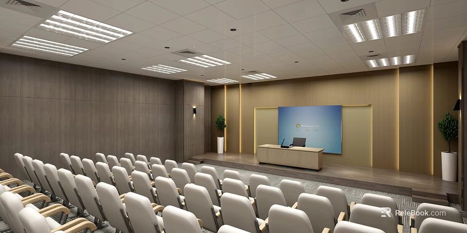Spacious Conference Room With White Chairs Podium Screen Wooden Walls And Ceiling Lights 3d model 