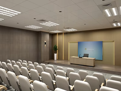 Spacious Conference Room With White Chairs Podium Screen Wooden Walls And Ceiling Lights 3d model