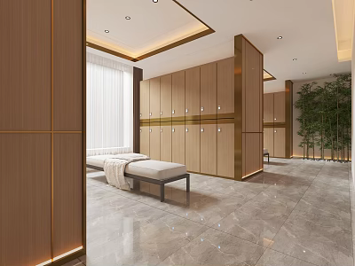Elegant Modern Walk in Closet Interior With Wooden Cabinets Bench And Marble Floor 3d model