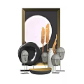 Stylish Decorative Ornament Set With Gray Figurines Black Circular Ornament Golden Elements And White Vase