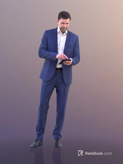 A Man In Blue Suit Holding Smartphone And Looking At Screen 3d model