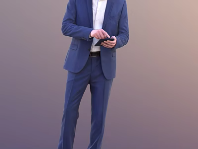 A Man In Blue Suit Holding Smartphone And Looking At Screen 3d model