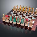 Decorative Chess Set With Colorful Intricate Designed Pieces On Wooden Chessboard