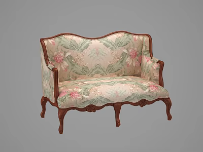 Elegant Two Seater Sofa With Floral Patterned Fabric And Wooden Arms And Legs 3d model