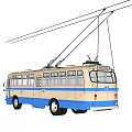 Vintage Blue And White Trolleybus With Overhead Wires On Black Background