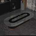 Modern Oval Dining Table Featuring White Marble Top Black Center And Golden Vertical Stripe Base