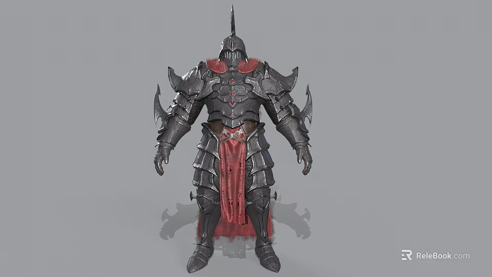 Man Wearing Full Medieval Armor With Spiked Helmet Red Cape and Metal Plates 3d model 