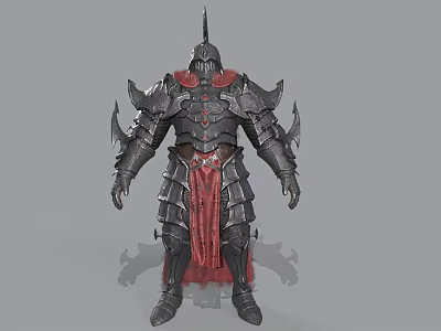 Man Wearing Full Medieval Armor With Spiked Helmet Red Cape and Metal Plates 3d model