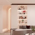 Modern Living Room Interior With Curved Sofa Round Coffee Table Decorative Shelves And Wall Artwork