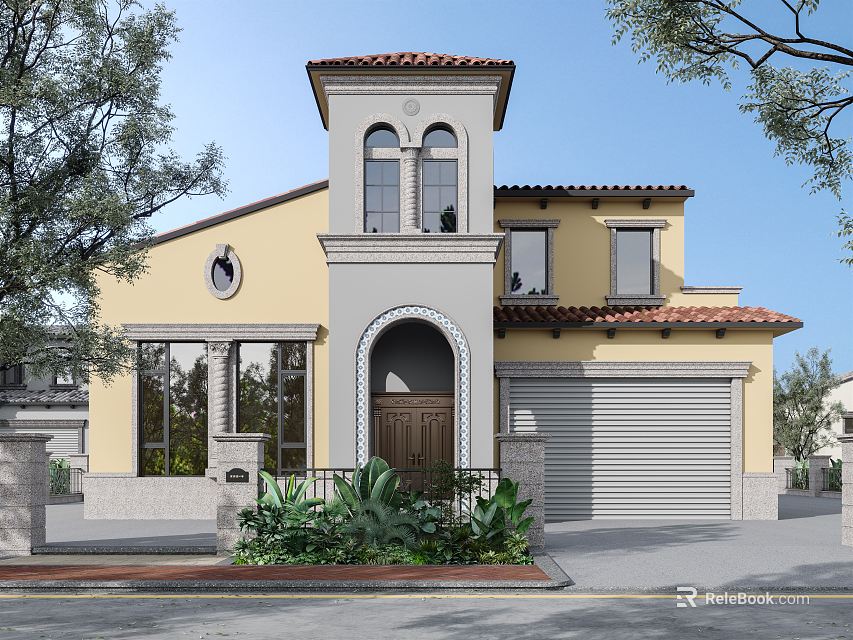 Detached Villa Exterior With Yellow Gray Facade Red Tile Roof Arched Door And Garage 3d model 