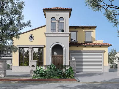 Detached Villa Exterior With Yellow Gray Facade Red Tile Roof Arched Door And Garage 3d model