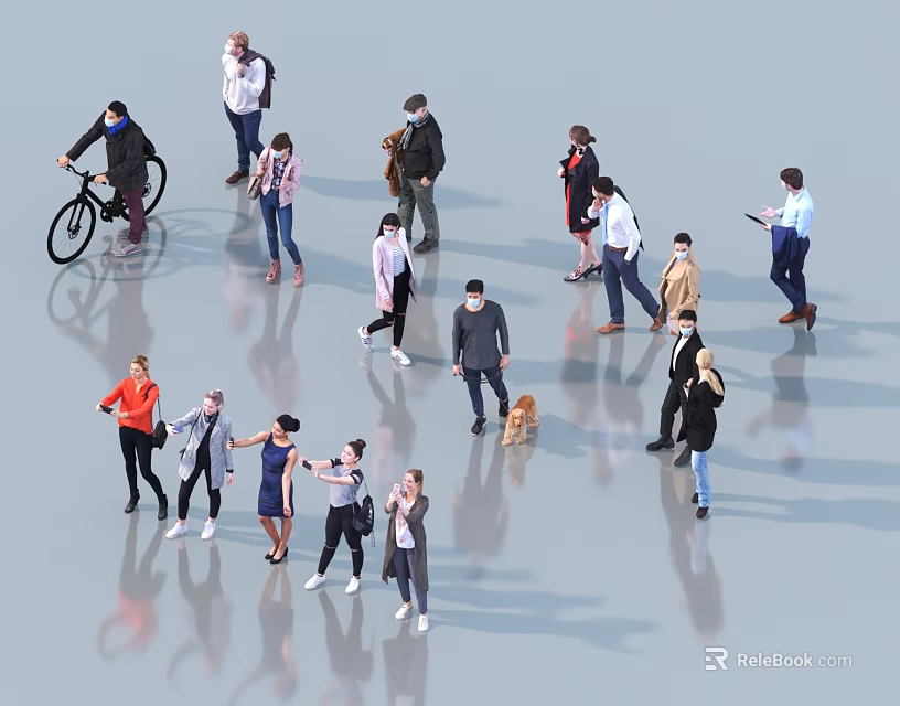 Group of People Walking Riding Bicycles Using Phones With Dog in Open Space 3d model 