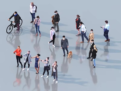 Group of People Walking Riding Bicycles Using Phones With Dog in Open Space 3d model