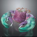 Stylized Purple Turquoise Crab With Large Claws Small Orange Top Projections Shiny Surface