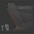 Modern Corporate Booth Interior Design With Display Screens Tables Chairs And Bar Counter