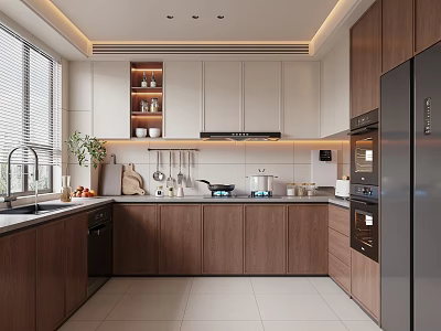 Modern Kitchen Interior Design With Brown Wooden Cabinets White Countertops And Stainless Steel Appliances 3d model