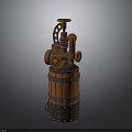 Steampunk Style Weapon With Wooden Barrel Gears And Mechanical Metal Components