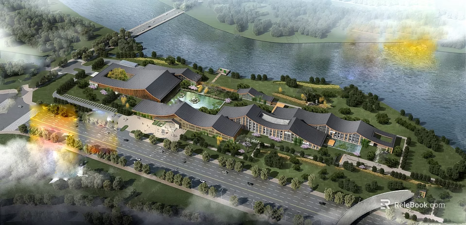 Scenic Large Building Complex With River Green Space Trees Roads And Bridge 3d model