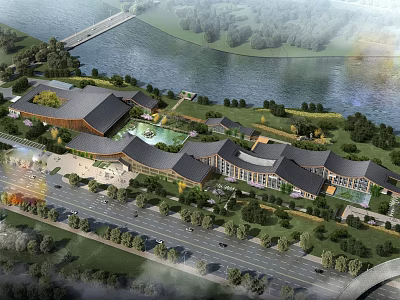 Scenic Large Building Complex With River Green Space Trees Roads And Bridge 3d model