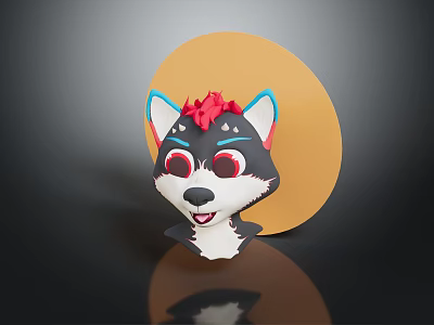 Cartoon Dog Head Character With Blue Ears Red Top Decoration And Smiling Expression On Yellow Circular Background 3d model