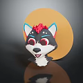 Cartoon Dog Head Character With Blue Ears Red Top Decoration And Smiling Expression On Yellow Circular Background