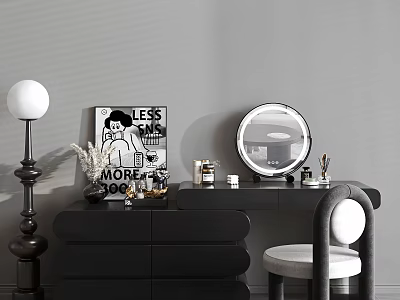 Modern Dressing Table With Round Mirror Cosmetics Decorative Poster And Floor Lamp 3d model