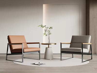Brown And Gray Lounge Chairs With Metal Frames Small Round Table Potted Plant On Rug 3d model
