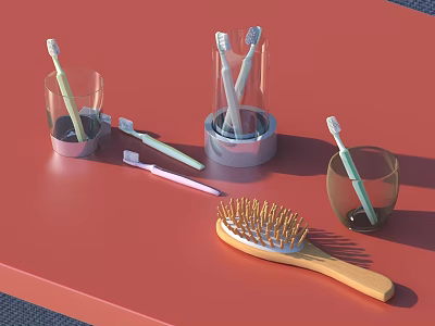 Daily Personal Care Essentials Toothbrushes In Glass Holders And Wooden Comb 3d model