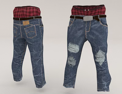 Blue Ripped Jeans With Plaid Shirt And Belt Casual Clothing Style 3d model Blue Ripped Jeans With Plaid Shirt And Belt Casual Clothing Style 3d model