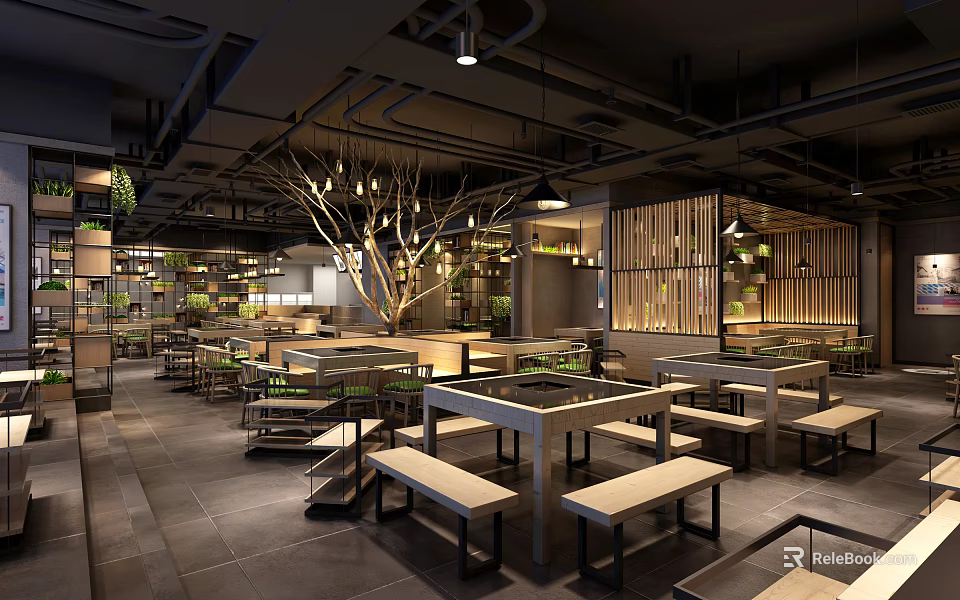 Hot Pot Restaurant Interior Design With Wooden Tables Bench Seats Hanging Lights Green Plants 3d model 