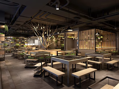 Hot Pot Restaurant Interior Design With Wooden Tables Bench Seats Hanging Lights Green Plants 3d model