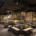 Hot Pot Restaurant Interior Design With Wooden Tables Bench Seats Hanging Lights Green Plants