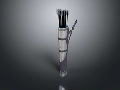 Sturdy Metallic Archery Quiver Holding Multiple Black Arrows And Handle 3d model