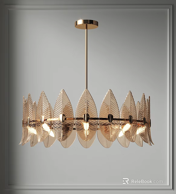 Elegant Leaf Shaped Transparent Chandelier With Metal Frame And Warm Lighting 3d model