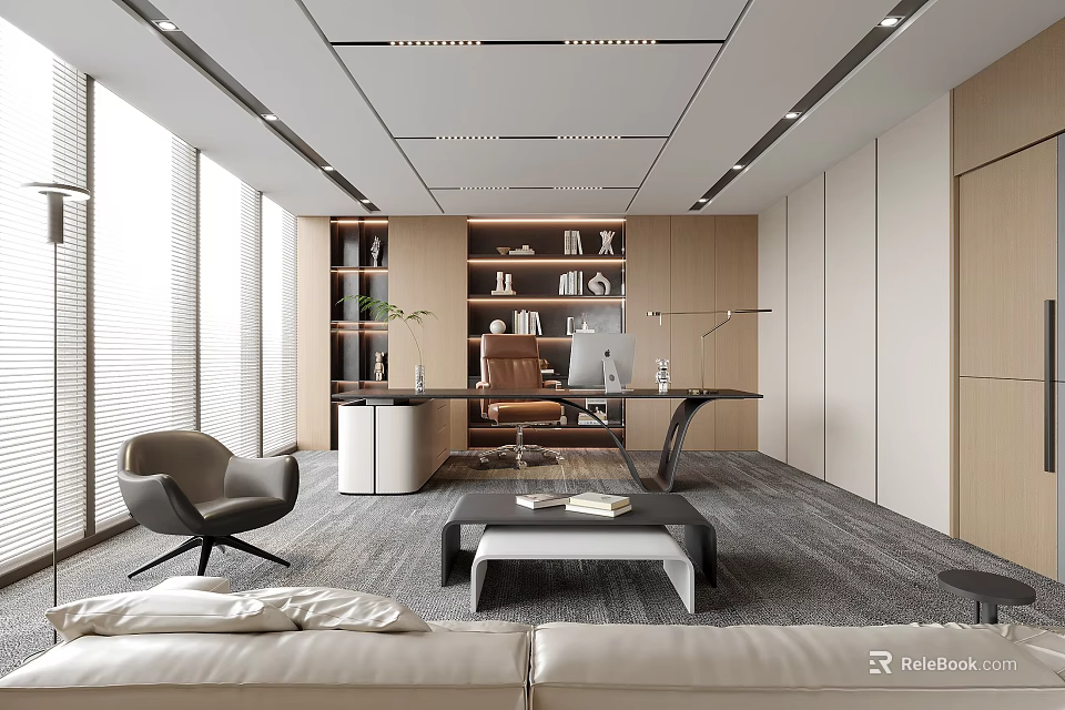 Modern Office Interior Design with Large Windows Blinds Bookshelf Desk Sofa and Carpet 3d model 