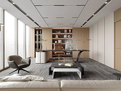 Modern Office Interior Design with Large Windows Blinds Bookshelf Desk Sofa and Carpet 3d model