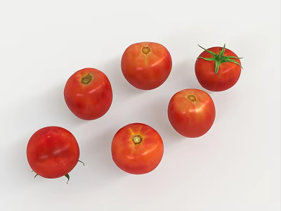 Six Red Fresh Tomatoes with Green Stems Displayed on White Background 3d model