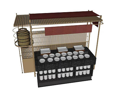Traditional Food Stall With Bamboo Awning Red Fabric And White Bowls Cups 3d model