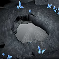 Enchanting Cave Interior With Glowing Blue Butterflies And Metallic Framework Structure 3d model