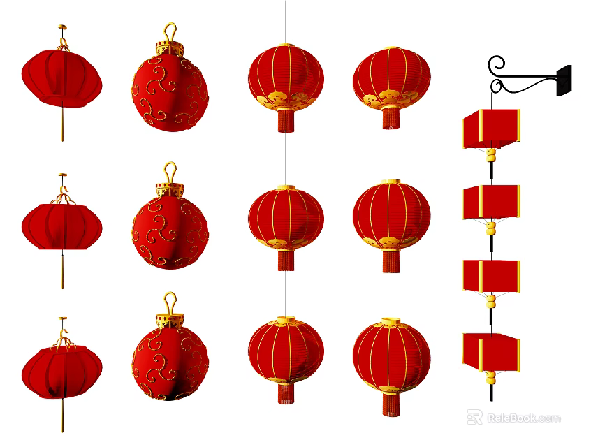 Red Chinese Lanterns In Various Styles With Golden Details For Festive Decorations 3d model 