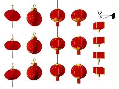 Red Chinese Lanterns In Various Styles With Golden Details For Festive Decorations 3d model
