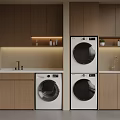 Modern Laundry Room With Stacked Washer Dryer Wooden Cabinets And Sink