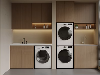 Modern Laundry Room With Stacked Washer Dryer Wooden Cabinets And Sink 3d model