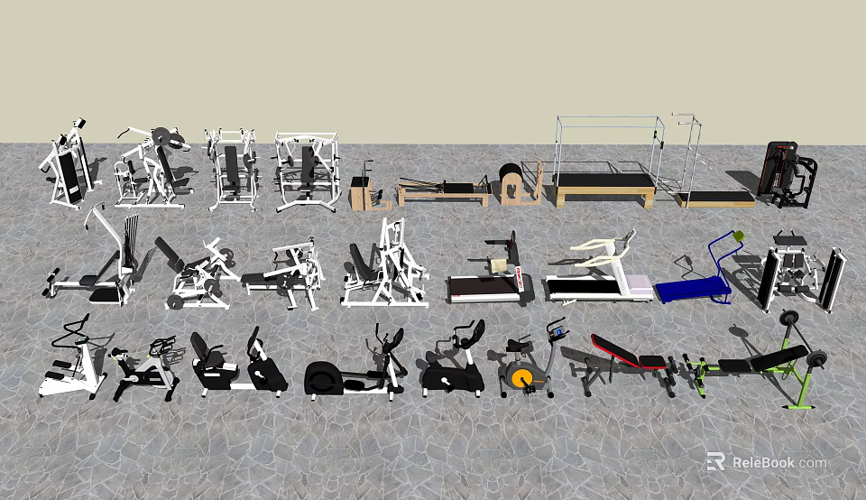 Assortment of Fitness Equipment Including Treadmills Dumbbells Barbells and Exercise Machines 3d model 